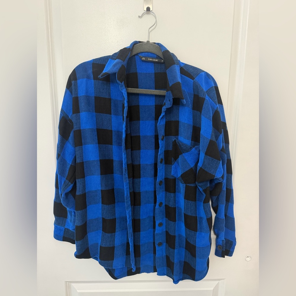 Zara Blue and Black Plaid Shirt - Size Medium